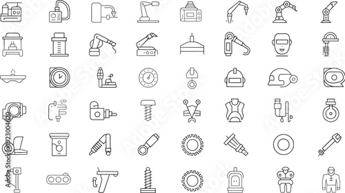Robotics and automation icons set, robotic arms, welding, gears, sensors, manufacturing tools, industrial technology, vector line illustration grid