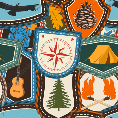 Set of Scout seamless pattern or background. Texture, wallpapers with compass, condor, pine cone, travel backpack, tent. Vector. Merit patch, sticker for camping outdoor and academic activities