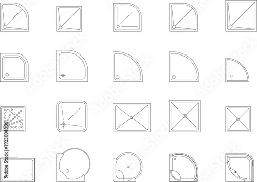 Collection of technical architectural drawings showing various shower enclosure floor plans with quarter-circle, square, and circular shapes, door swings, and drainage patterns.
