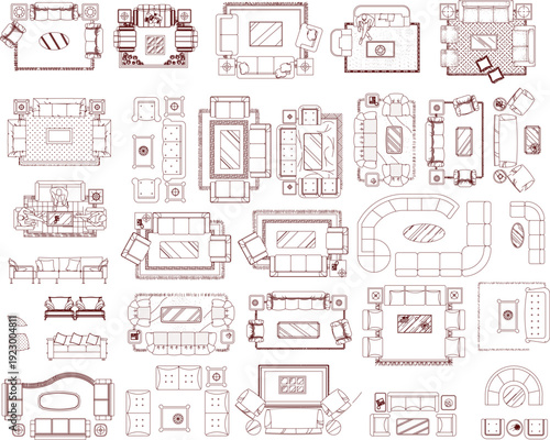 Collection of 2D hand-drawn floor plan layouts for living rooms showing various furniture arrangements like sofas, tables, and rugs in sketch style.