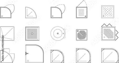 Technical architectural drawings showing various shower enclosure designs with quarter-circle, square, and circular configurations, geometric layouts and patterns.