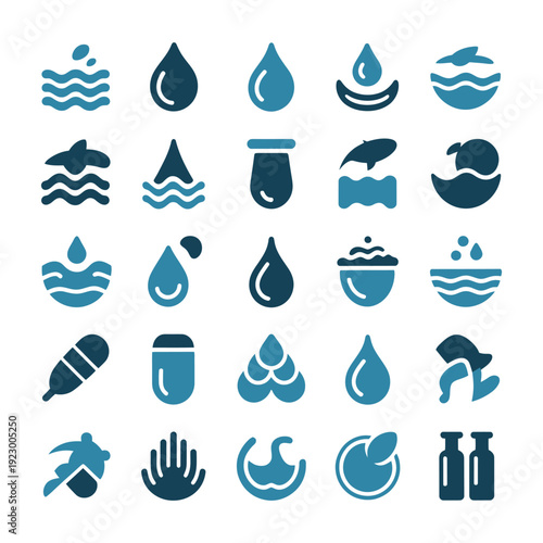 A collection of blue water and liquid icons on a white background