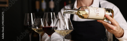 Obraz na plátně Professional sommelier pouring white wine into glass indoors, closeup