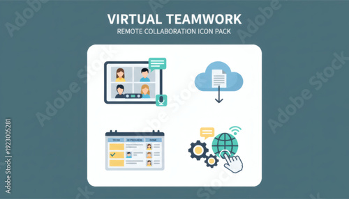 Set of flat icons for virtual teamwork and remote collaboration featuring video conference, cloud sharing, task management, and global connectivity symbols on a clean background.