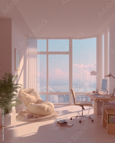 Modern home office with cozy corner and city view for productive work environment