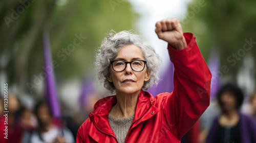 Woman protesting with raised fist at a rally. Concept of women power, feminism, and equality. Perfect for International Womens Day.
