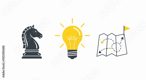Strategic Planning with Knight Chess Piece, Bright Idea, and Navigation Map in Simple Flat Design for Business Presentation