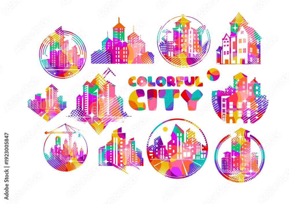 Obraz premium Set of colored city logos. Hand drawn Not AI, vector illustration.