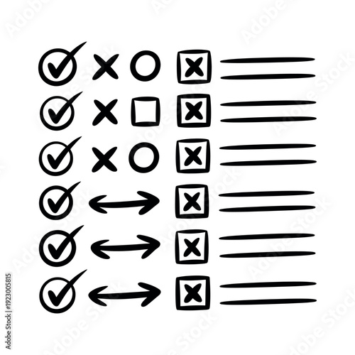 A checklist with various symbols and markings on a white background
