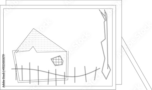Simple line art illustration of a house with triangular roof, window, fence and tree, framed in rectangular border, black and white outline style.