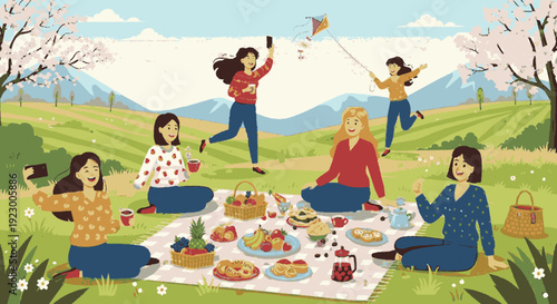 Friends enjoying picnic in park with food and kite flying on sunny day outdoors