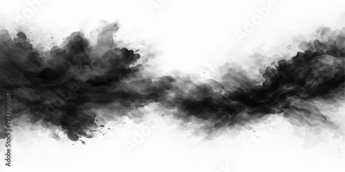 Isolated black ink splat on an abstract white grunge texture background with smoke and dust clouds resembling a fire explosion