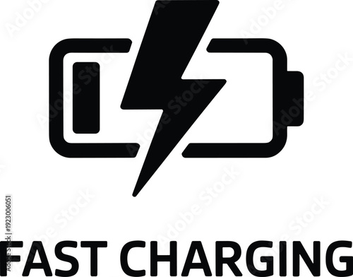 Fast Charging Single Vector Icon with Text Label, Quick Battery Power Boost and High Speed Energy Technology Concept Illustration
