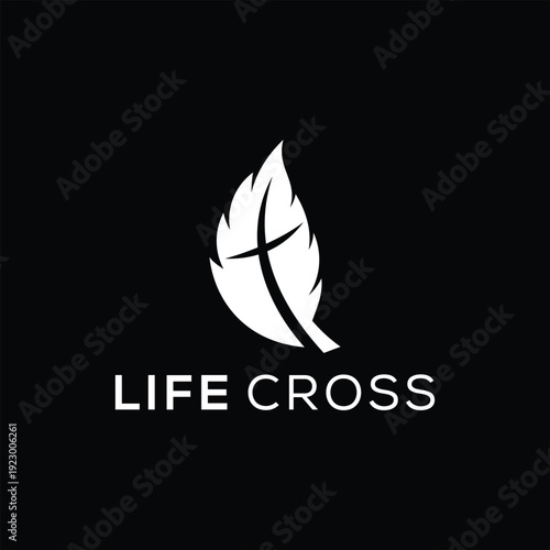 Green leaves flower for christian cross church logo design inspiration