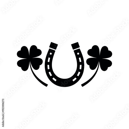 A black horseshoe with four-leaf clovers on a white background