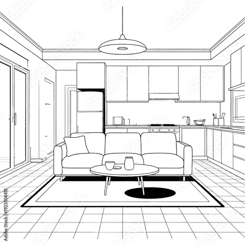 A modern living room with a kitchen and a couch