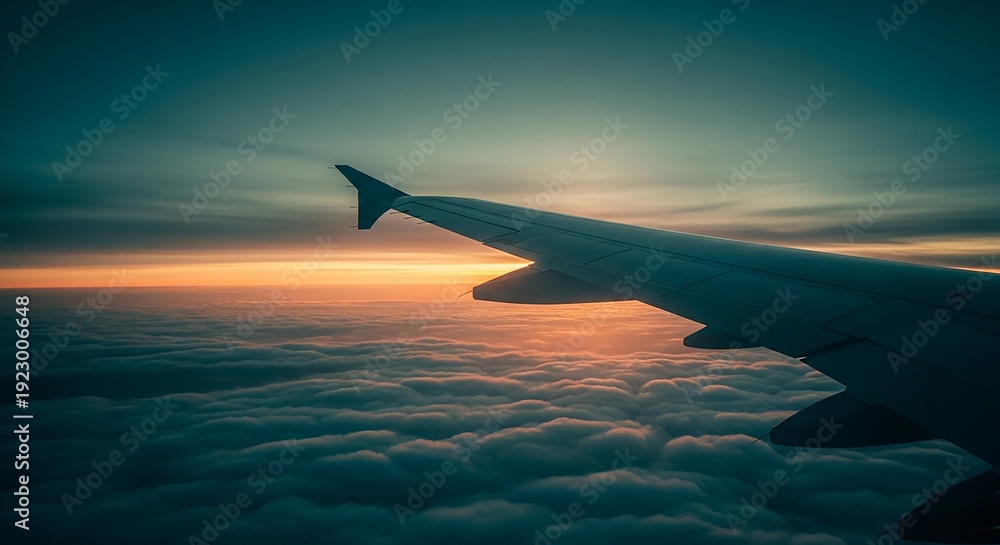 Fototapeta premium Airplane wing soaring through sunset clouds