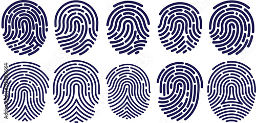 Ten dark blue fingerprint icons arranged in two rows on white background collection