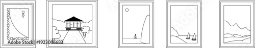 Five minimalist framed line art illustrations featuring abstract landscapes, architecture, and geometric designs in simple black and white style.