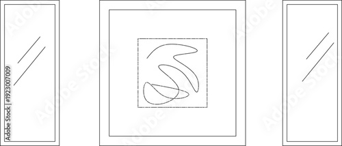 A set of three architectural CAD blocks featuring minimalist wall art in rectangular and square frames. The collection includes two vertical side panels with simple diagonal lines and a central square