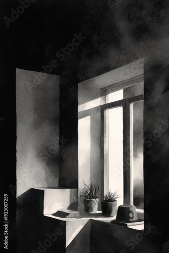 Tranquil morning light streaming through window onto potted plants