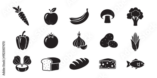 Solid black food and grocery silhouette icon set 15 pieces