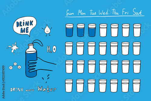 Daily Water Intake Tracker and Hydration Reminder. Hand drawn