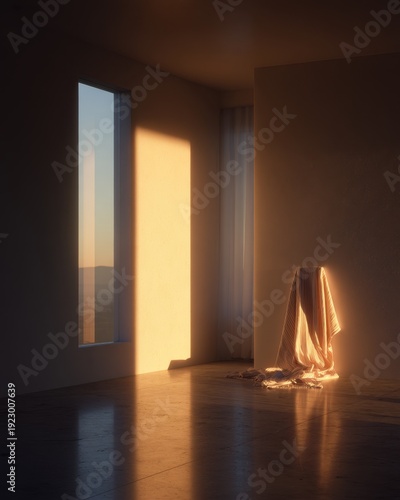 Serene sunset light in minimalistic room with draped fabric for interior design inspiration