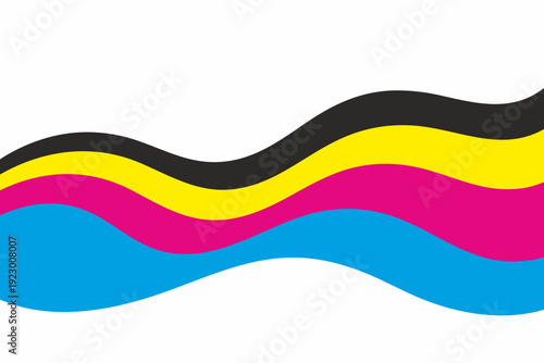 Smooth wavy CMYK stripes across a white background, minimalist flowing ribbon bands with gentle curves. Clean abstract copy-space vector for print templates, web headers, packaging, covers.