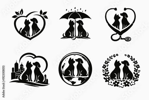 Pet love silhouette badges showing dog and cat sitting together in heart, umbrella rain, stethoscope, city, globe and floral wreath frames. Veterinary, adoption and animal care emblems.