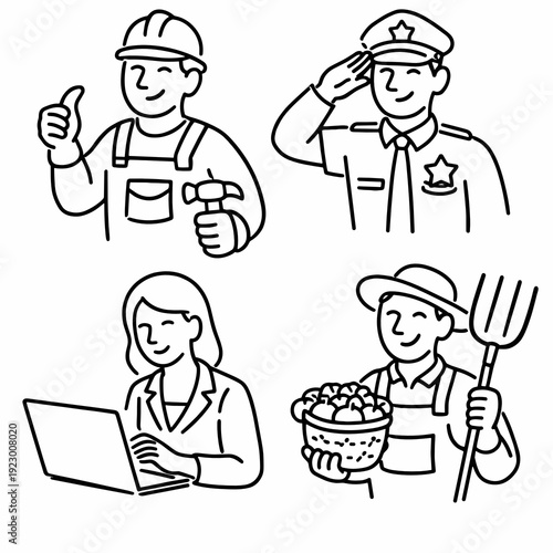 Line art people set showing repair worker with wrench, police officer salute, office woman at laptop and farmer with pitchfork and harvest basket. Career avatars for services and business.