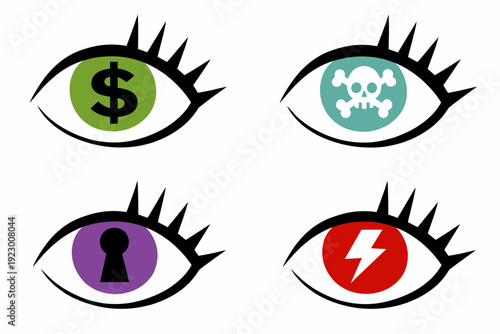Pop art eye icon set with colored irises featuring dollar sign, skull, keyhole and lightning bolt. Concept of money, danger, privacy and power perception.