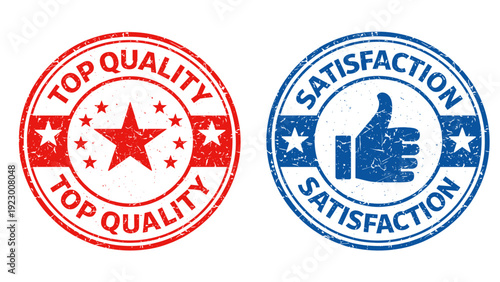 Two large grunge rubber stamp badges: red top quality with star and blue satisfaction with thumbs up, distressed texture on black background. Concept of customer approval and trust.