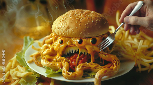 Tentacled burger monster with sharp teeth and multiple eyes served on plate with french fries. Surreal fast food creature being eaten with fork.