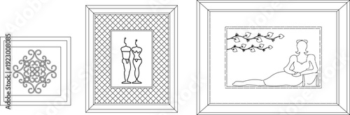 A set of decorative wall art and picture frame CAD blocks, featuring ornate patterns, abstract silhouettes of a couple, and a reclining female figure with botanical elements for interior staging.