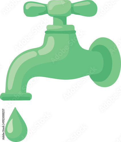 A green water tap with a single droplet falling from its spout is illustrated in a simple flat cartoon style agains