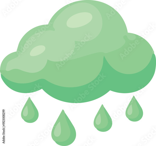 A green cartoon-style rain cloud with multiple falling raindrops is illustrated in a simple flat design against