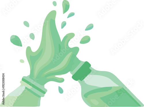 A green bottle pours liquid onto a hand, creating a splash in a simple flat illustration style against