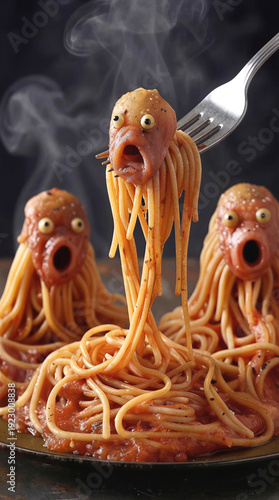 Screaming meatball characters with long spaghetti hair on plate. Surreal food art featuring expressive pasta monsters and steam.