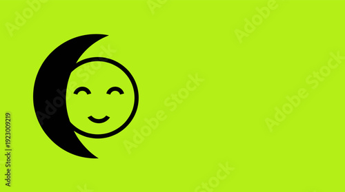 A modern geometric illustration featuring a smiling moon with closed eyes on a vibrant green background viewed from a straightforward perspective