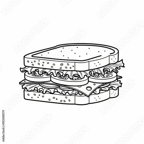 A tasty sandwich illustration, featuring lettuce, tomato, cheese between two slices of bread.
