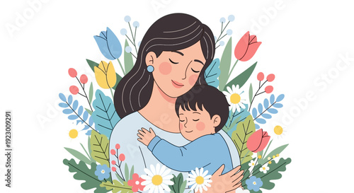 Mother and child sharing a tender moment amidst blooming flowers and greenery Vector