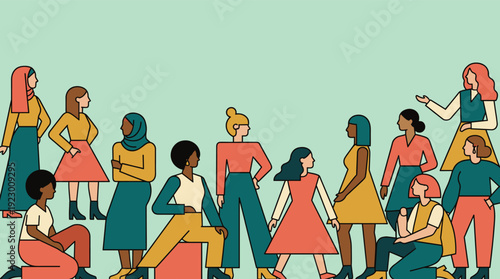 Diverse group of people interacting in a stylized illustration from various viewpoints