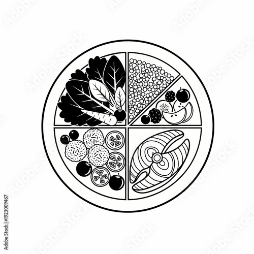 A balanced diet illustrated with a plate containing various healthy foods