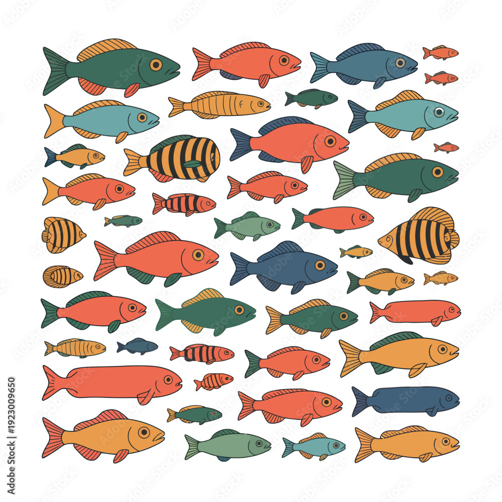 Fototapeta premium A colorful illustration of various fish species swimming together in a vibrant ocean scene