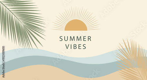 Vibrant summer vibes with tropical palm leaves and a sunny beach scene Vector
