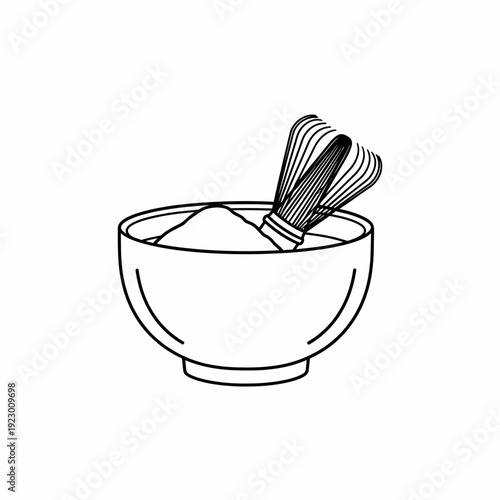 A bowl with matcha powder and a whisk, representing the art of preparing Matcha tea. The whisk is in the bowl, creating a sense of anticipation