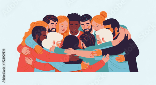 Diverse group of people hugging in a circle showing unity and friendship with arms around each other in solidarity