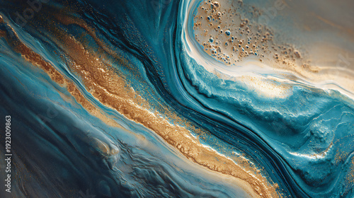 Luxury tropical vacation concept with liquid gold and black marble swirling texture, blue ocean and palm shadows