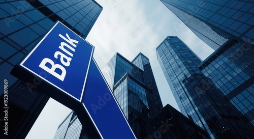 A blue sign indicating a bank in the foreground of a cityscape with tall buildings and a cloudy sky viewed from a low angle